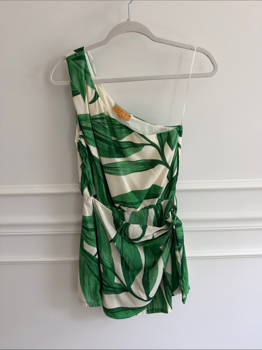 Flying Tomato Cream and Green One-Shoulder Leaf Print romper